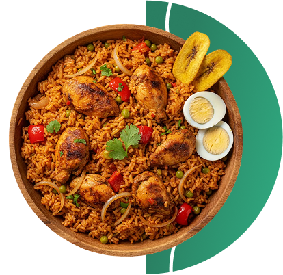 Jollof rice with chicken, plantains, and sides in a wooden bowl