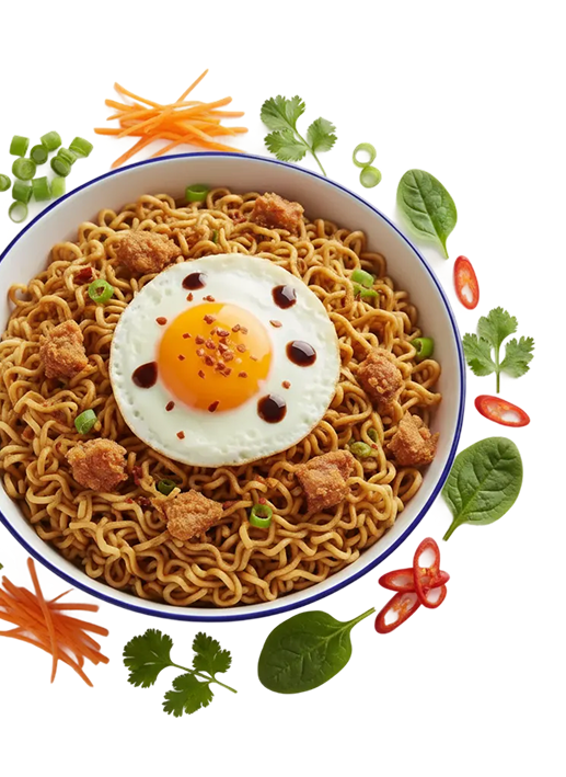 Fresh noodle bowl with egg, herbs, and vegetables