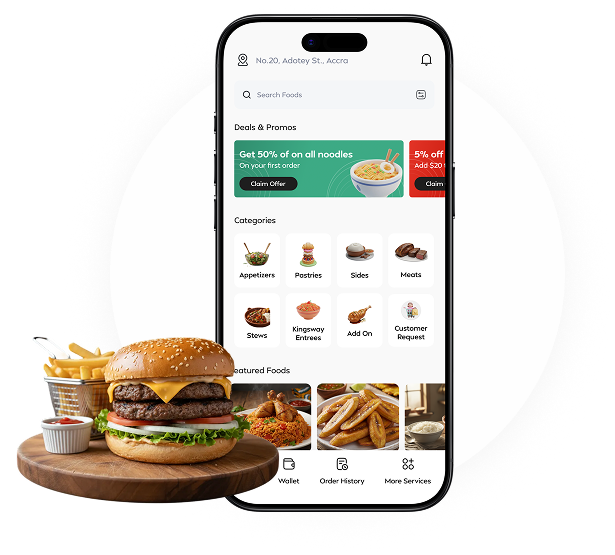 Kingsway Foods app on a phone beside a cheeseburger, fries, and dipping sauce on a wooden board
